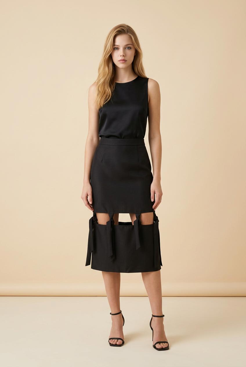 Noir Ribbon Cut-Out Midi Skirt