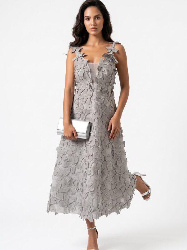 Silver Bloom 3D Floral Maxi Dress