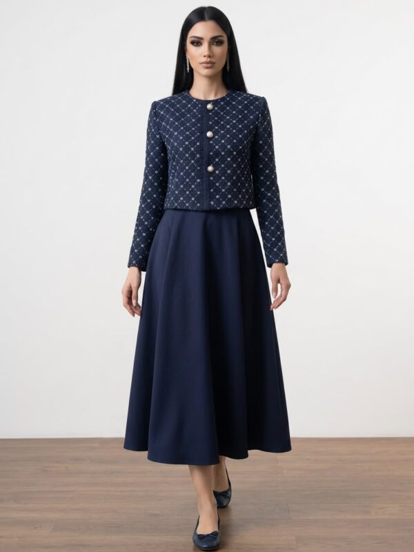 Navy Grace Set — navy dress with matching patterned jacket, front view