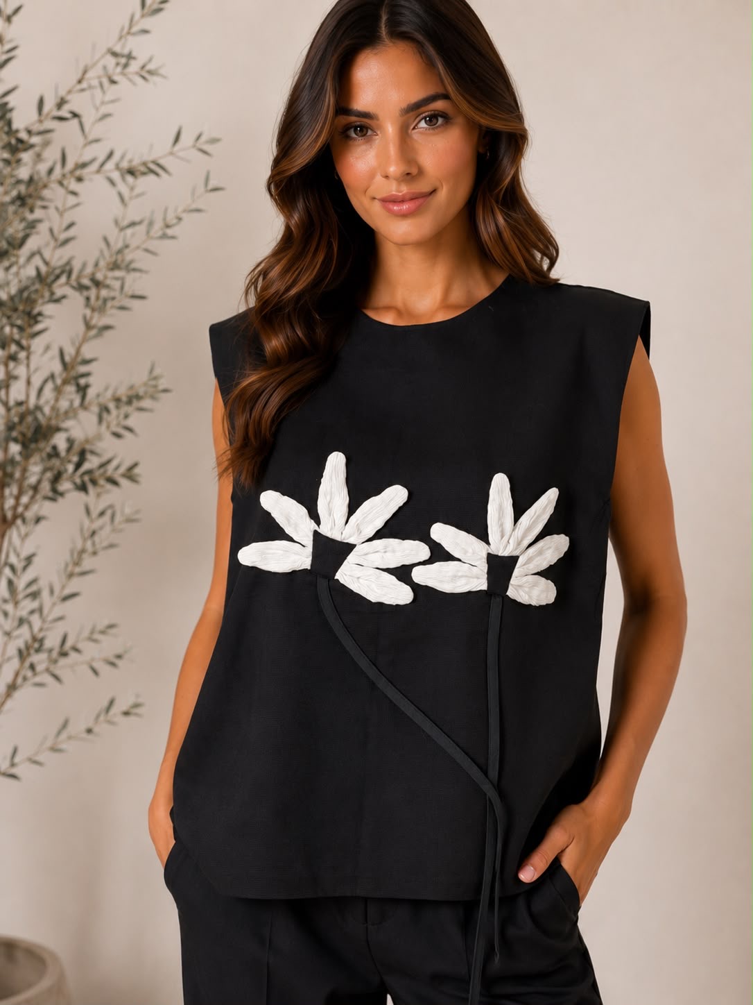 3D Floral Detail Black Top