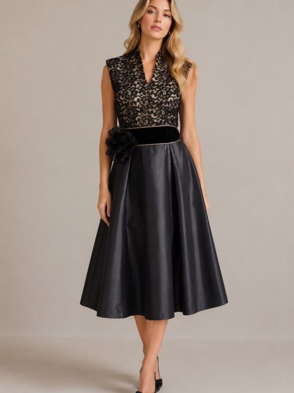 Midnight Lace & Satin Midi Dress