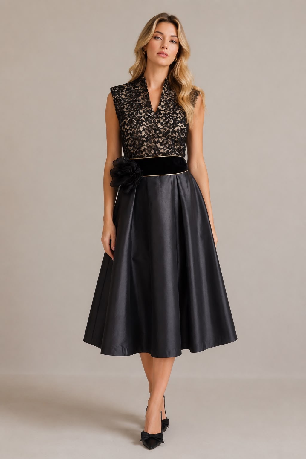 Midnight Lace & Satin Midi Dress
