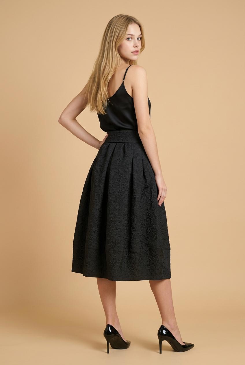 Black Textured Puff Midi Skirt - Image 3
