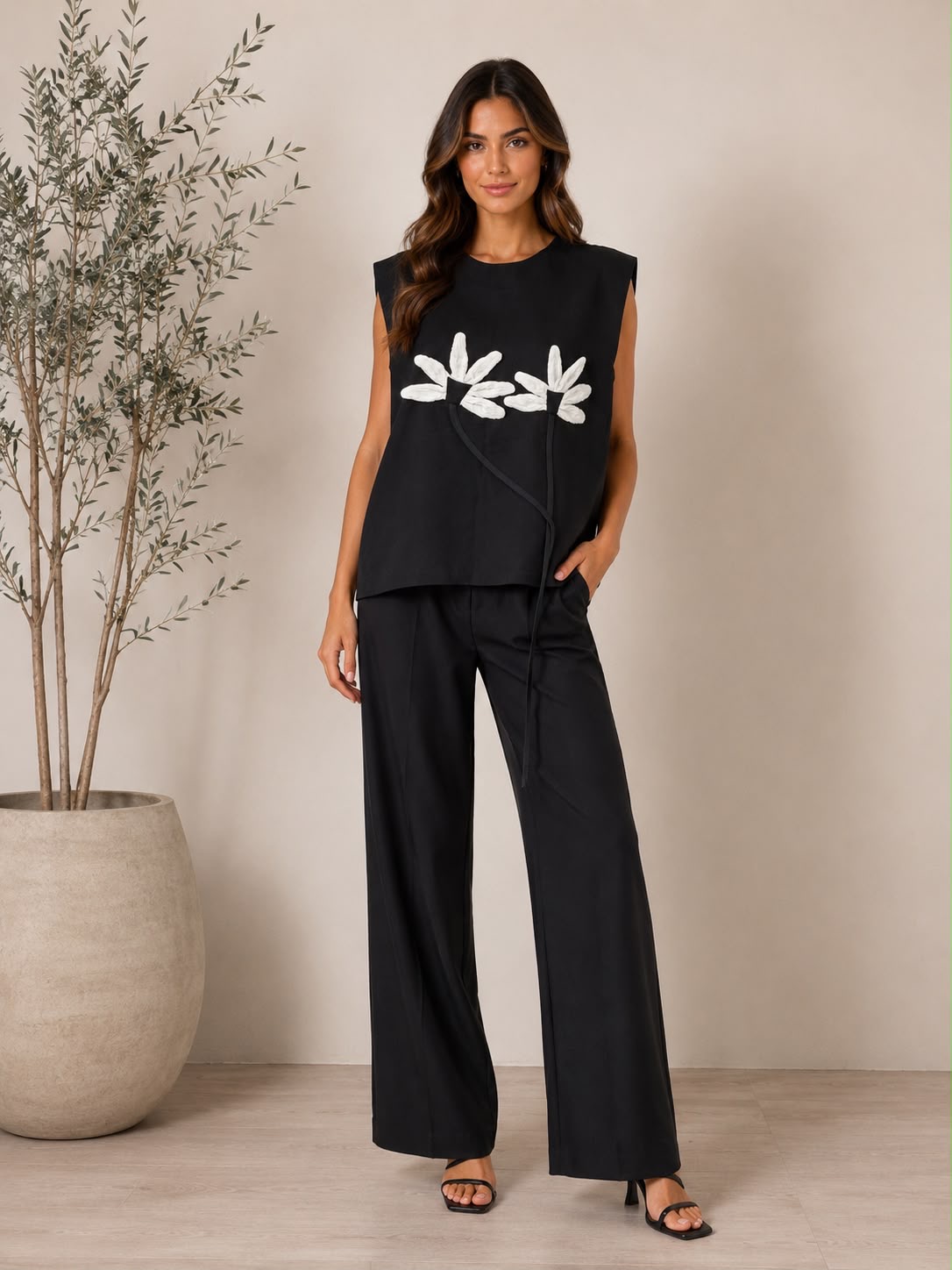 3D Floral Detail Black Top - Image 2