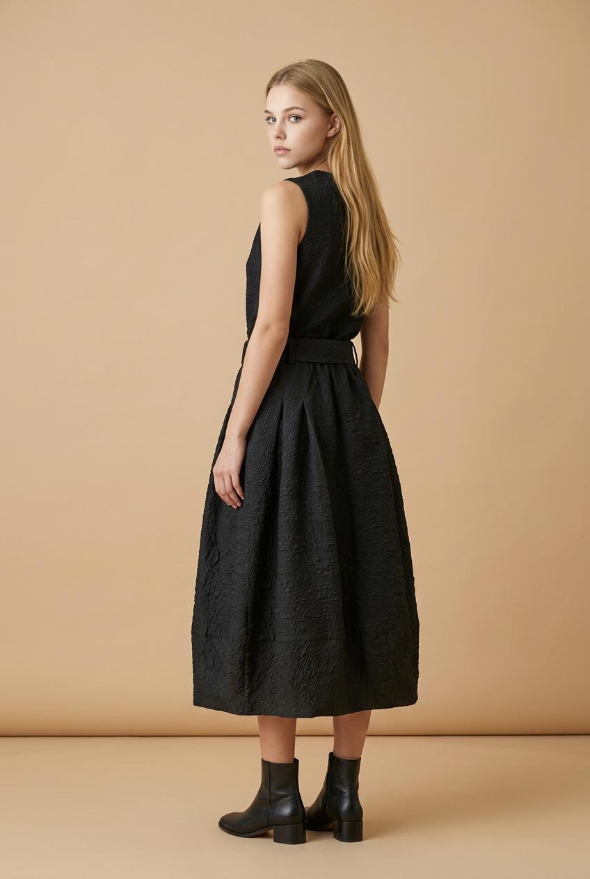 Black Textured Puff Midi Skirt - Image 4