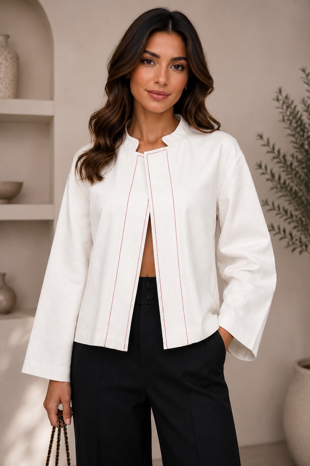 Ivory Red Stitch Statement Jacket - Image 2