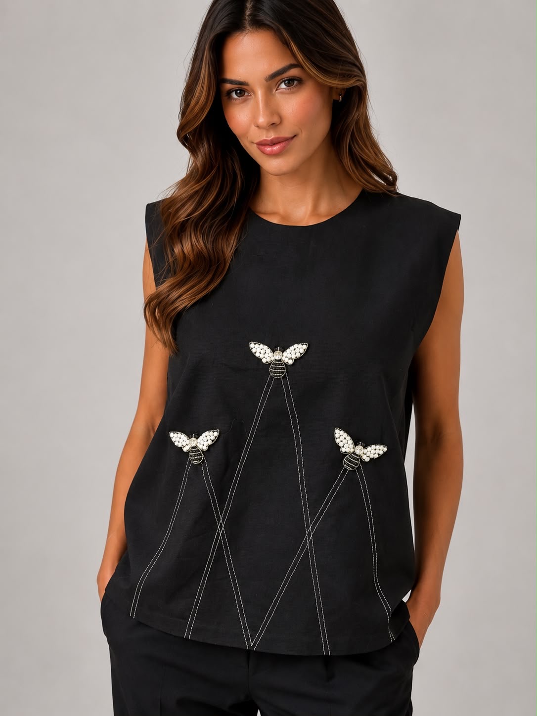 Pearl Bee Embellished Black Top - Image 3