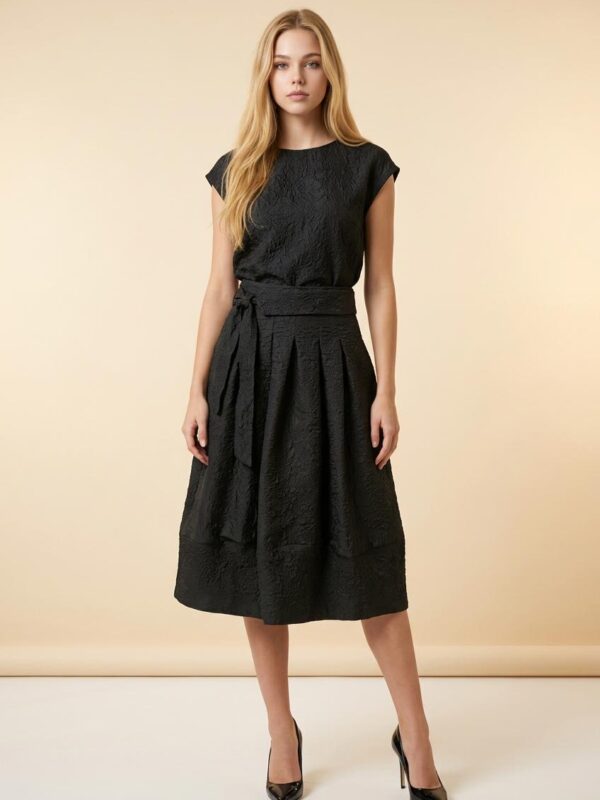 Black Textured Puff Midi Skirt