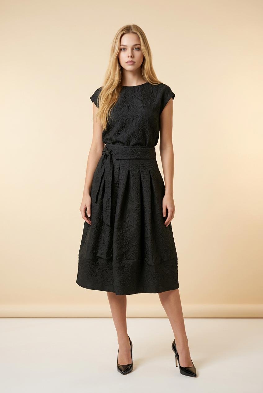 Black Textured Puff Midi Skirt