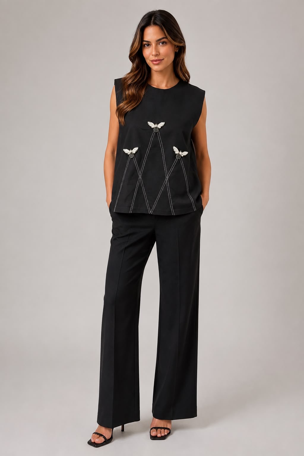 Pearl Bee Embellished Black Top - Image 2