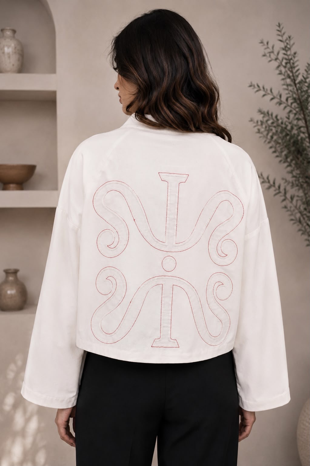 Ivory Red Stitch Statement Jacket - Image 3